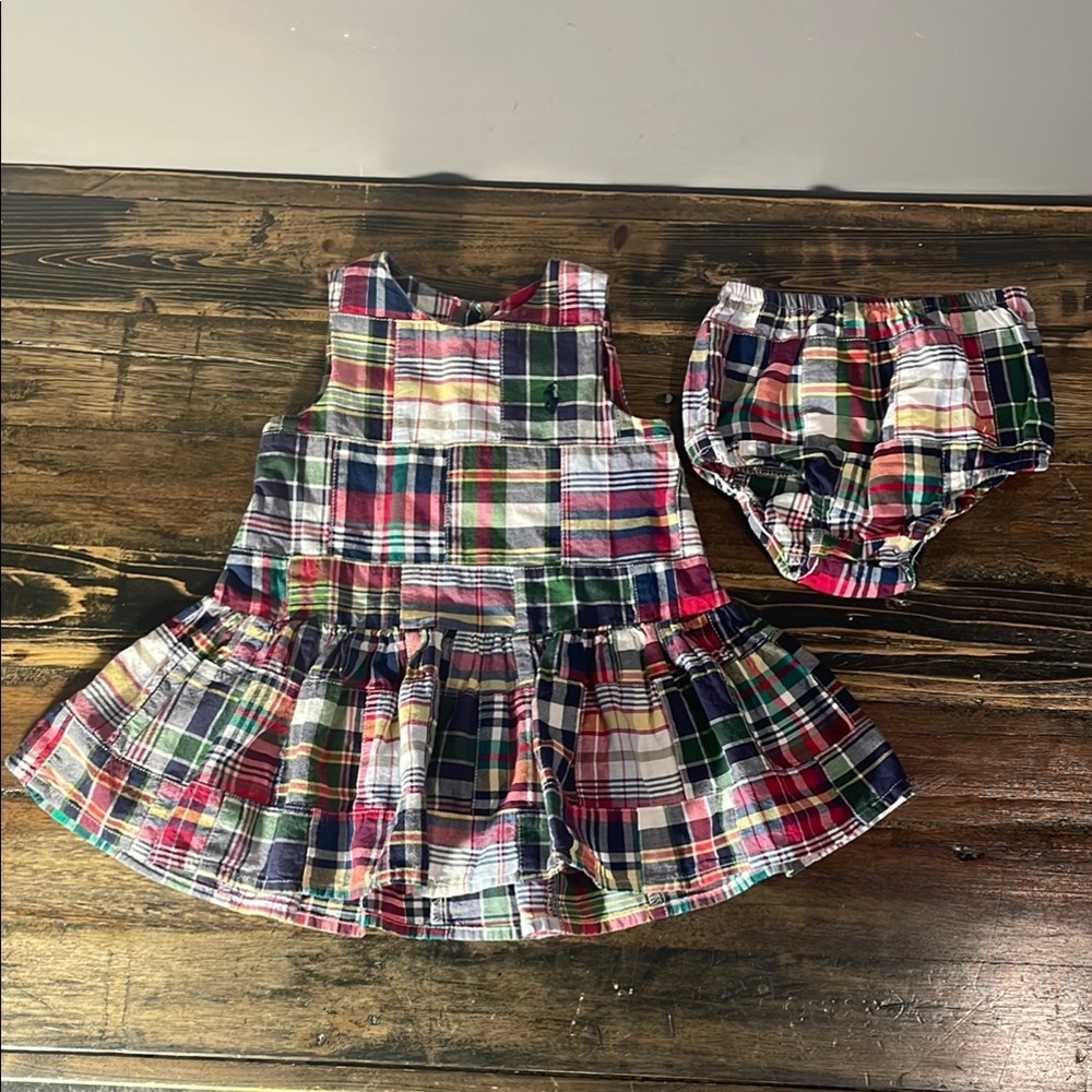 Ralph Lauren Multicolor Plaid little girl dress with Bloomers.  Size 12 months